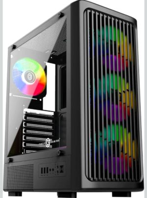 zium mid tower gaming cabinet, m atx/m itx, fins focussed multicolor rear fan, multi color led strip, acrylic glass side panel, usb 3.0, usb 2.0