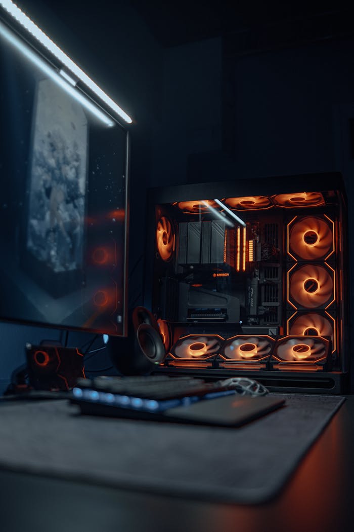 about-02 A sleek gaming PC setup with vibrant RGB lighting and a high-resolution monitor.