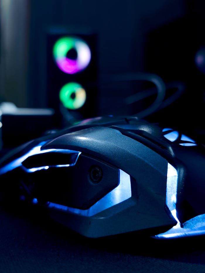 services-02 Close-up of a futuristic gaming mouse with RGB lighting and computer setup in a dimly lit room.