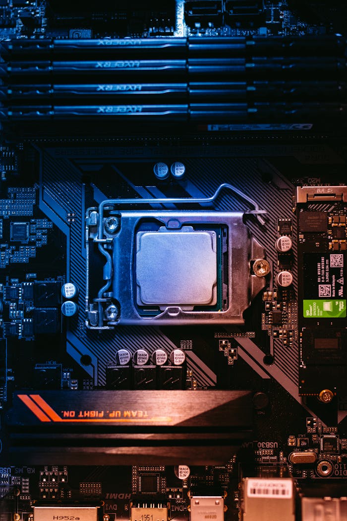contact-img Detailed view of a computer motherboard featuring a central processor and RAM slots, highlighting its intricate design.